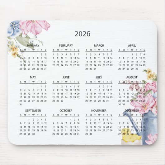 Simple Elegant Botanical 2026 Calendar | Mousepad Muismat (Voorkant)