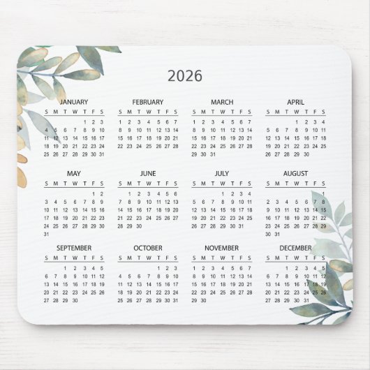 Simple Elegant Botanical 2026 Calendar | Mousepad Muismat (Voorkant)