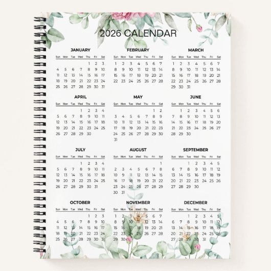 Simple Elegant Botanical 2026 Calendar |  Notebook Notitieboek (Voorkant)