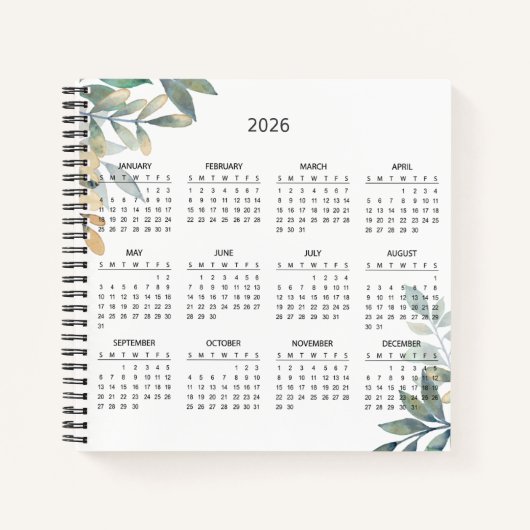 Simple Elegant Botanical 2026 Calendar |  Notitieboek (Voorkant)