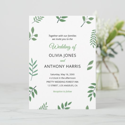 Simple Elegant Botanical Greenery Leaves Wedding  Kaart (Staand voorkant)