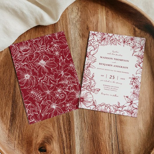 Simple Elegant Burgundy Floral Garden Wedding Kaart