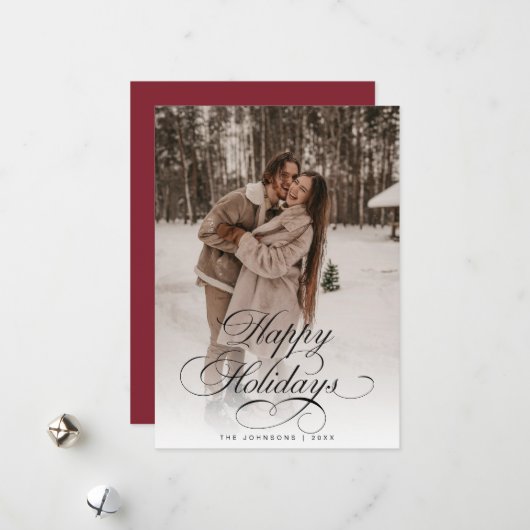 Simple Elegant Calligraphy Red Christmas Photo Feestdagenkaart (Voorkant / Achterkant in situ)