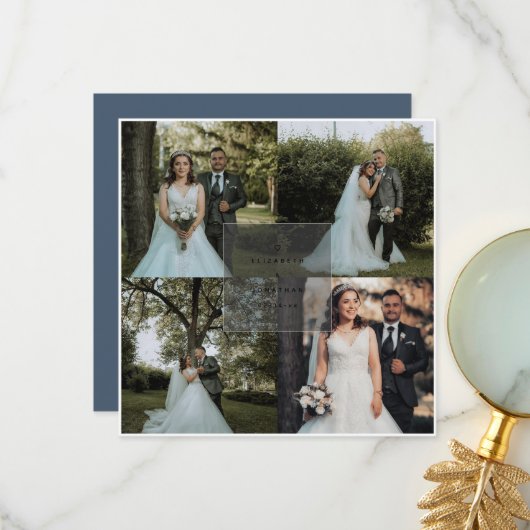 Simple Elegant Dusty Blue 4 Photo Collage Wedding Bedankkaart (Voorkant / Achterkant in situ)