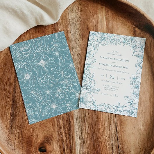 Simple Elegant Dusty Blue Floral Garden Wedding Kaart