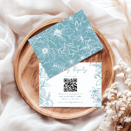 Simple Elegant Dusty Blue Floral QR Code Wedding RSVP Kaartje
