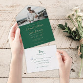 Simple Elegant Emerald Green Gold Photo Wedding All In One Uitnodiging