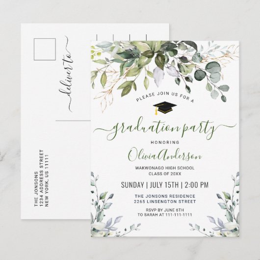 Simple Elegant Eucalyptus Graduation Party Aankondigingskaart (Voorkant / Achterkant)