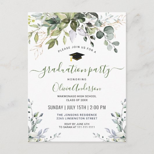 Simple Elegant Eucalyptus Graduation Party Aankondigingskaart (Voorkant)