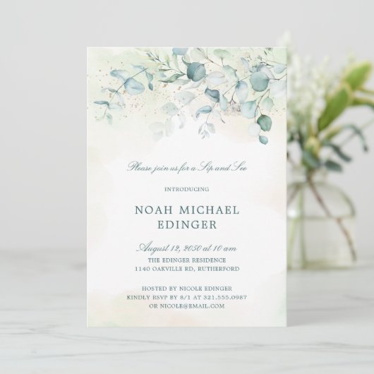 Simple Elegant Eucalyptus Greenery Sip and See Kaart (Staand voorkant)