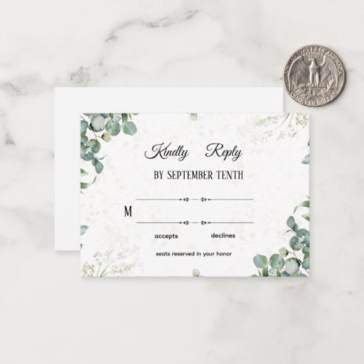 Simple Elegant Eucalyptus Greenery Wedding RSVP Ca Notitiekaartje (Voorkant / Achterkant in situ)