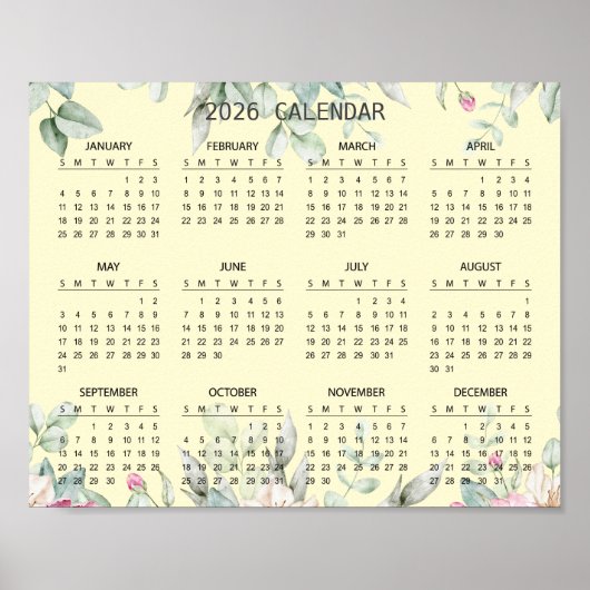 Simple Elegant Floral Botanical 2026 Calendar |  Poster (Voorkant)
