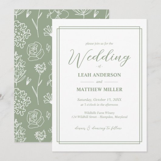 Simple Elegant Floral Pattern Wedding Invitation Kaart (Voorkant / Achterkant)