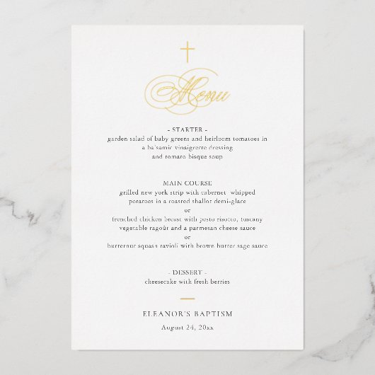 Simple Elegant Gold Cross Calligraphy Baptism Menu Folie Uitnodiging (Voorkant)