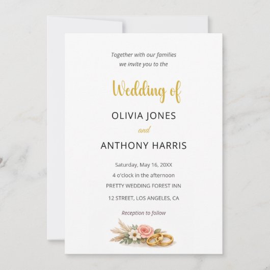 Simple Elegant Gold Floral Rose Wedding Kaart (Voorkant)