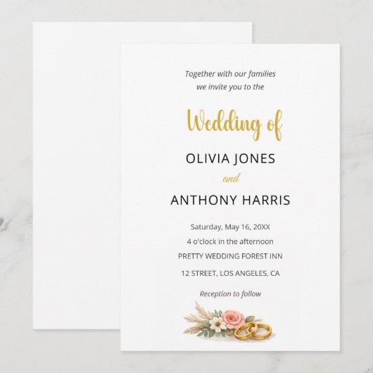 Simple Elegant Gold Floral Rose Wedding Kaart (Voorkant / Achterkant)