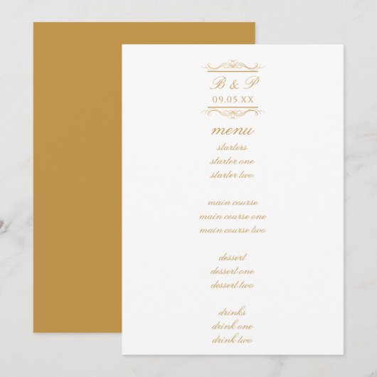 Simple Elegant Gold Monogram Wedding Menu Card (Voorkant / Achterkant)