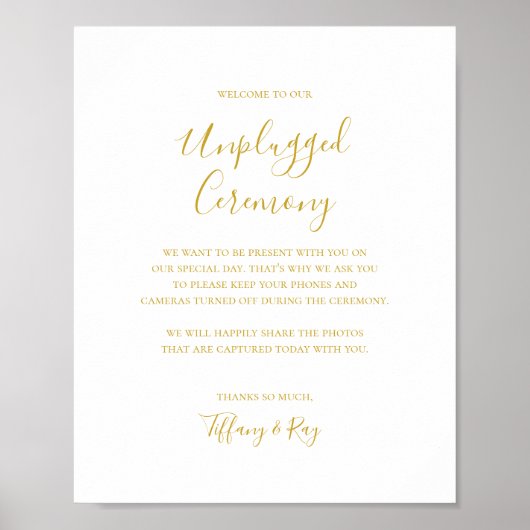 Simple Elegant Gold Unplugged Ceremony Sign Poster (Voorkant)