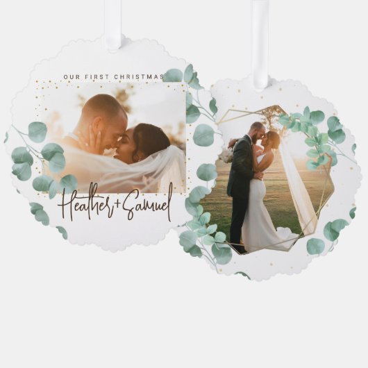 Simple Elegant Greenery Merry and Married Photo Ornament Kaart (Voorkant / Achterkant)
