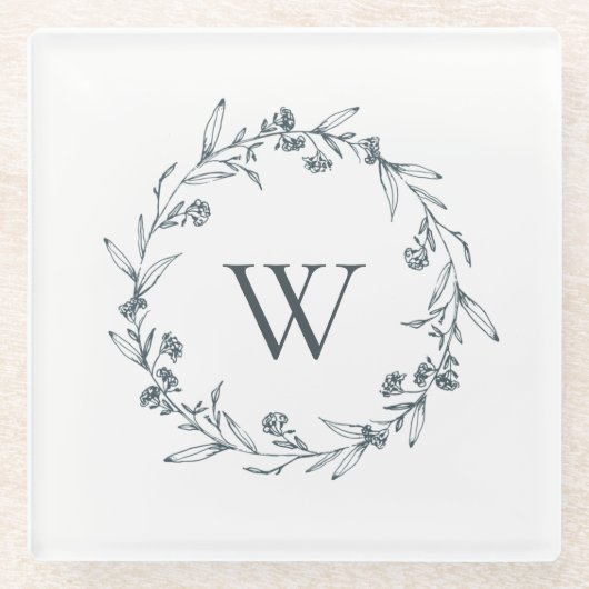 Simple Elegant Grey Floral Laurel Wreatmonogram Glazen Onderzetter (Voorkant)