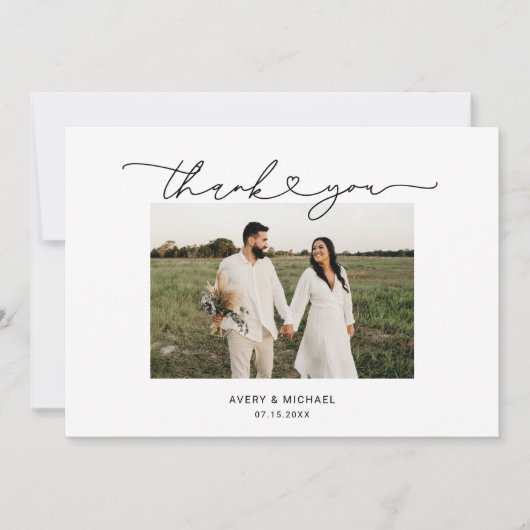 Simple Elegant Love Heart Script Weduwfoto Bedankkaart (Voorkant)