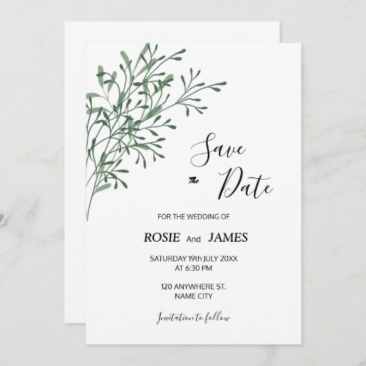 Simple Elegant Modern Greenery Save the Date (Voorkant / Achterkant)
