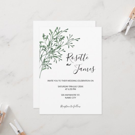 Simple Elegant Modern Greenery wedding Invitation Kaart (Voorkant / Achterkant in situ)