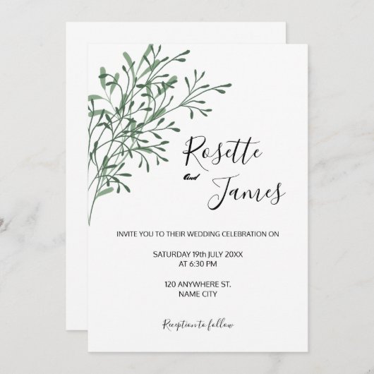 Simple Elegant Modern Greenery wedding Invitation Kaart (Voorkant / Achterkant)