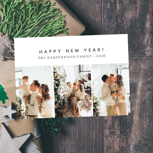 Simple Elegant Modern Happy New Year Three Photo Feestdagenkaart