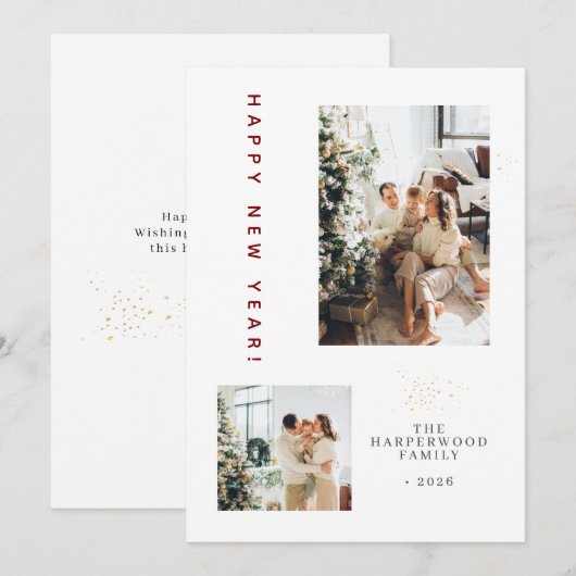 Simple Elegant Modern Happy New Year Two Photo Feestdagenkaart (Voorkant / Achterkant)