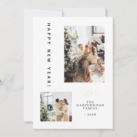 Simple Elegant Modern Happy New Year Two Photo Feestdagenkaart (Voorkant)