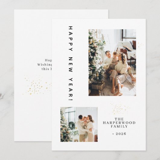 Simple Elegant Modern Happy New Year Two Photo Feestdagenkaart (Voorkant / Achterkant)