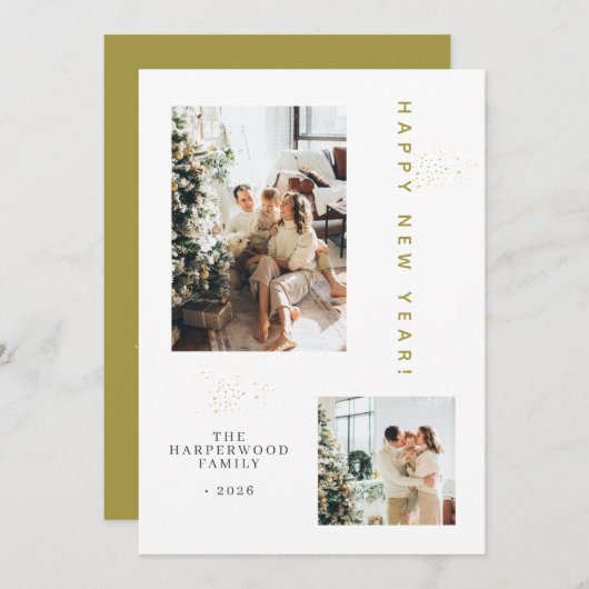 Simple Elegant Modern Happy New Year Two Photo Feestdagenkaart (Voorkant / Achterkant)