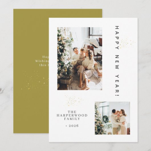 Simple Elegant Modern Happy New Year Two Photo Feestdagenkaart (Voorkant / Achterkant)