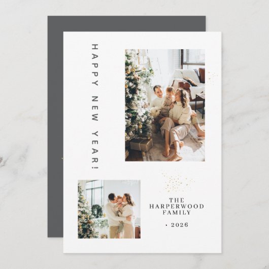 Simple Elegant Modern Happy New Year Two Photo Feestdagenkaart (Voorkant / Achterkant)