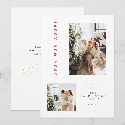 Simple Elegant Modern Happy New Year Two Photo Feestdagenkaart (Voorkant / Achterkant)