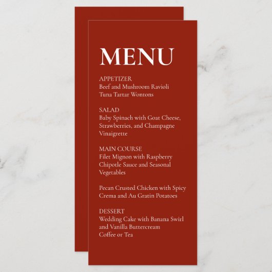 Simple Elegant  Modern Wedding Menu Red  (Voorkant / Achterkant)