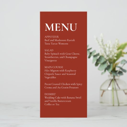 Simple Elegant  Modern Wedding Menu Red  (Staand voorkant)