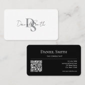 Simple Elegant Monogram Initial QRcode Black White Visitekaartje (Voorkant / Achterkant)