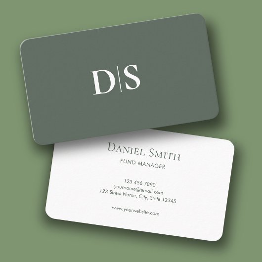 Simple Elegant Muted Green White with Initials Visitekaartje