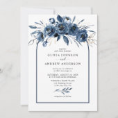 Simple Elegant Navy Blue Boho Floral Arch Wedding Kaart (Voorkant)