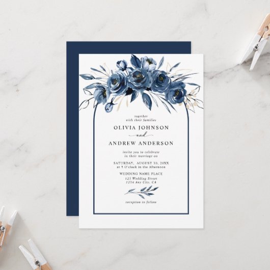 Simple Elegant Navy Blue Boho Floral Arch Wedding Kaart (Voorkant / Achterkant in situ)