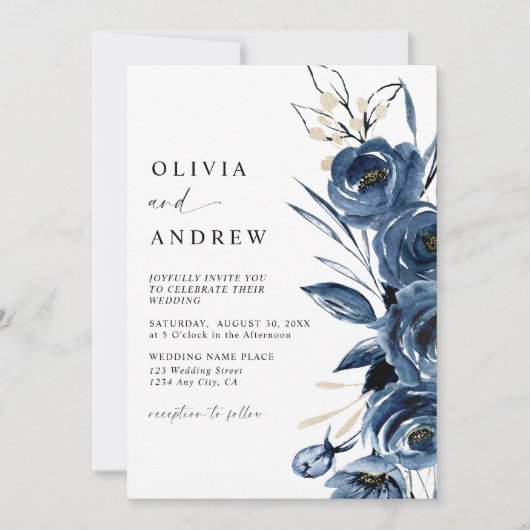 Simple Elegant Navy Blue Boho Floral Wedding Kaart (Voorkant)