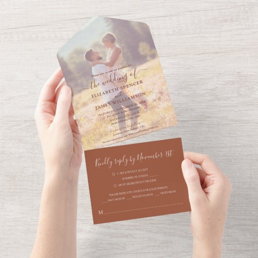 Simple Elegant Photo Terracotta Wedding All In One Uitnodiging (Afscheurbaar)