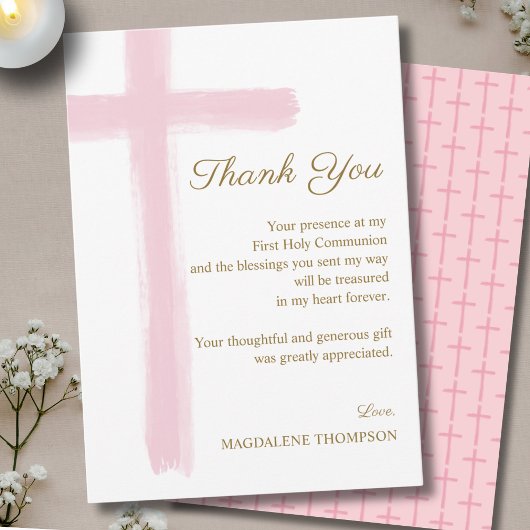 Simple Elegant Pink Cross First Holy Communion  Bedankkaart