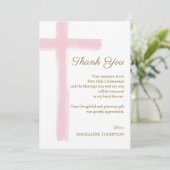 Simple Elegant Pink Cross First Holy Communion  Bedankkaart (Staand voorkant)