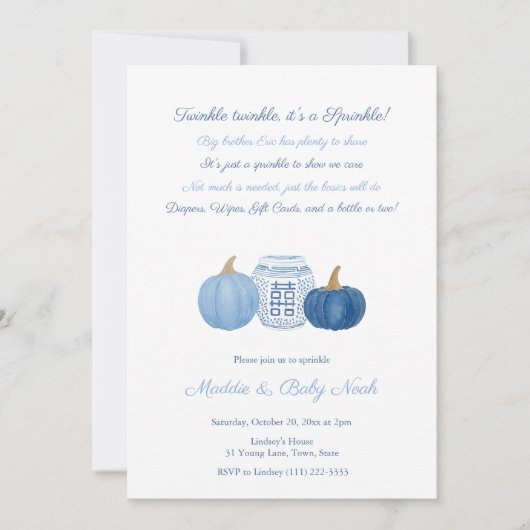 Simple Elegant Pumpkins Boy Baby Sprinkle Party Kaart (Voorkant)