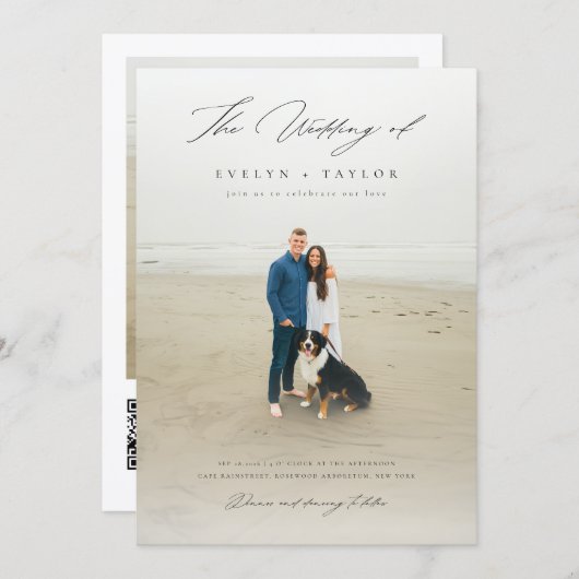 Simple Elegant QR Code Photo Destination Wedding Kaart (Voorkant / Achterkant)