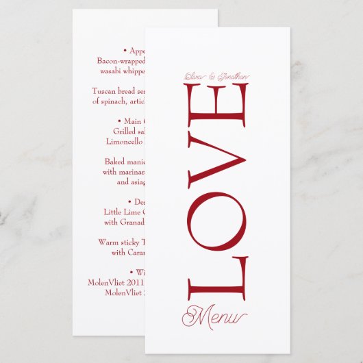 Simple Elegant Red Love Wedding Menu Card (Voorkant / Achterkant)
