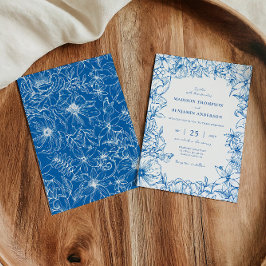 Simple Elegant Royal Blue Floral Garden Wedding Kaart
